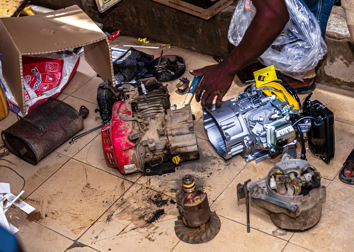 A mechanic's hands repairing a dismantled petrol generator.