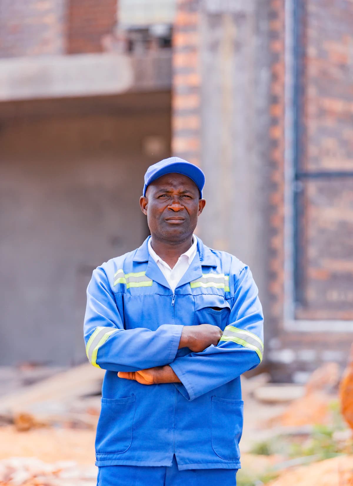 A tradesman in blue work overalls and cap standing with his arms crossed at a building site.